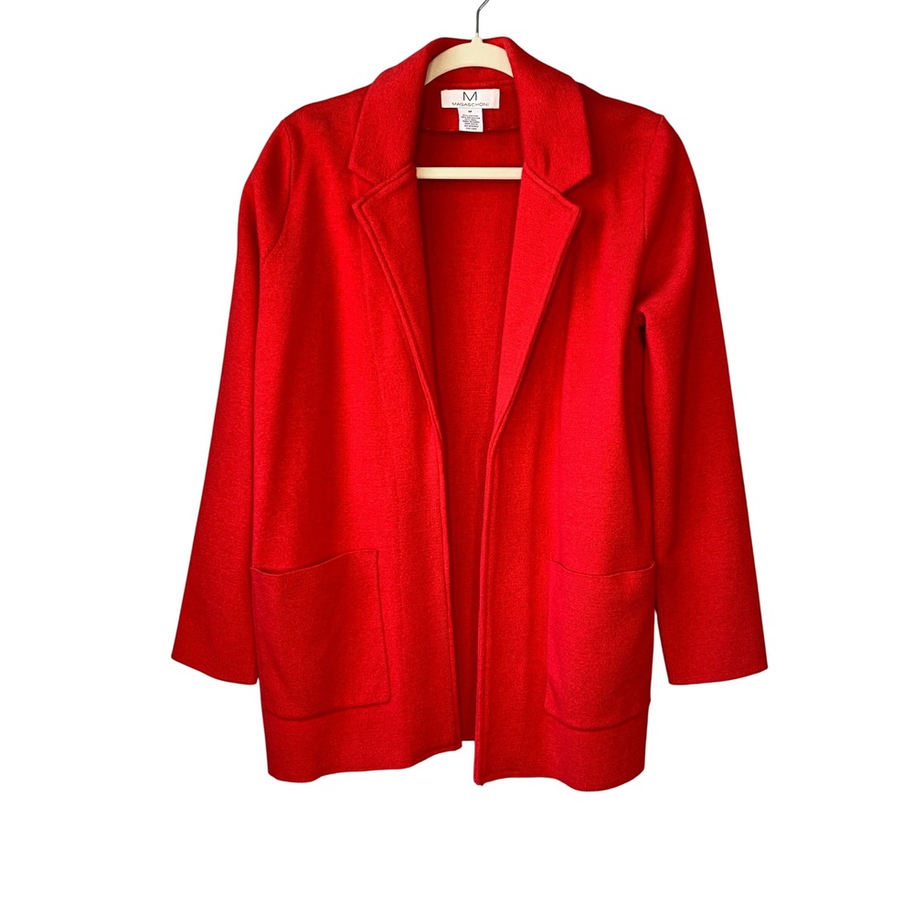 Magaschoni Red Textured Knit Open Front Blazer Jacket Women Size Medium